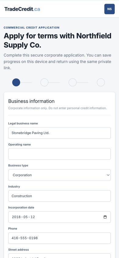 Mobile commercial credit application showing structured company information