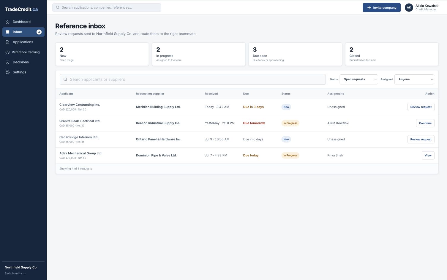 TradeCredit.ca reference inbox showing open requests, due dates, and assignments